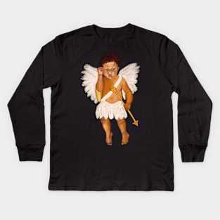 Cupid often wondered whether.... baby angel holding an arrow - In a contemplative pose with curly Afro Hair and gold arrow Kids Long Sleeve T-Shirt